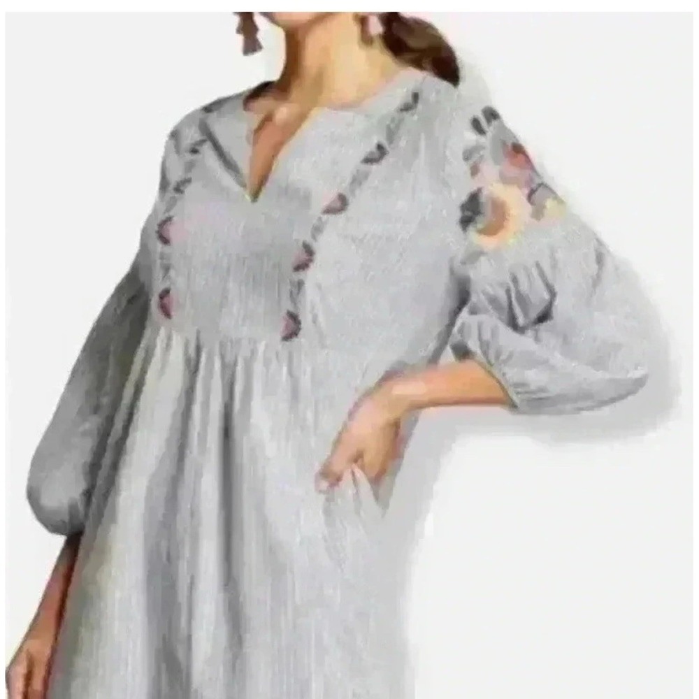 Knox Rose Womens Boho Embroidered Dress Size L Floral Stripe Balloon Sleeve